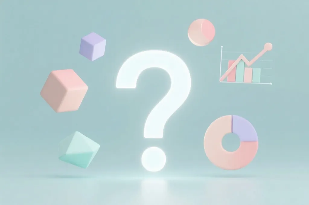 发光的问号被漂浮的几何图形和图表包围,象征解答新手疑惑