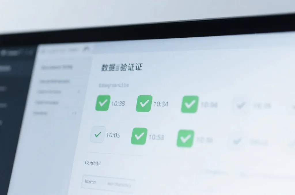 电脑屏幕上显示着带有时间戳和复选标记的数据核对过程